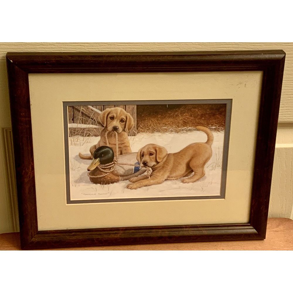 Jim‎ Lamb "Tangle Twins" Framed print - Yellow Lab puppy picture - puppy & Duck